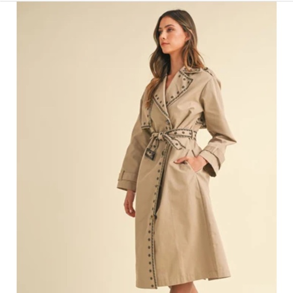 Stylish Beige Trench Coat with Studded Details NWT Small - Picture 2 of 5